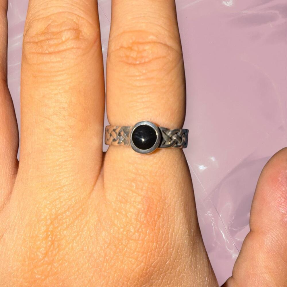 Y2K goth grunge 925 Sterling Silver black onyx protection lucky ring Size 6